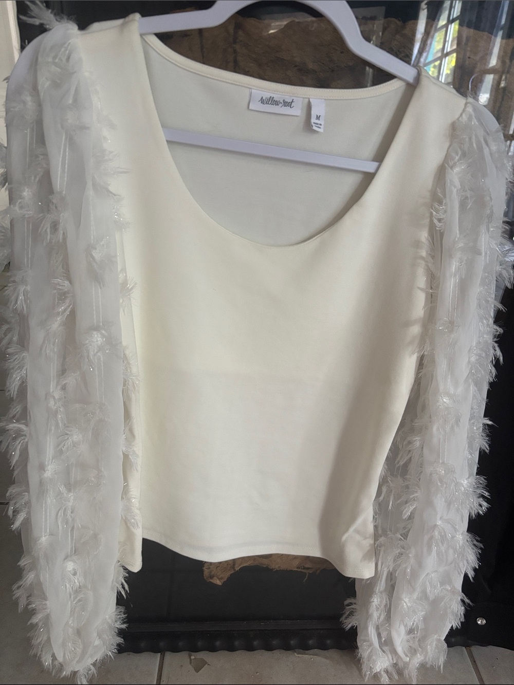 Willow + Root Cream Feather-Trim Long Sleeve statement Top